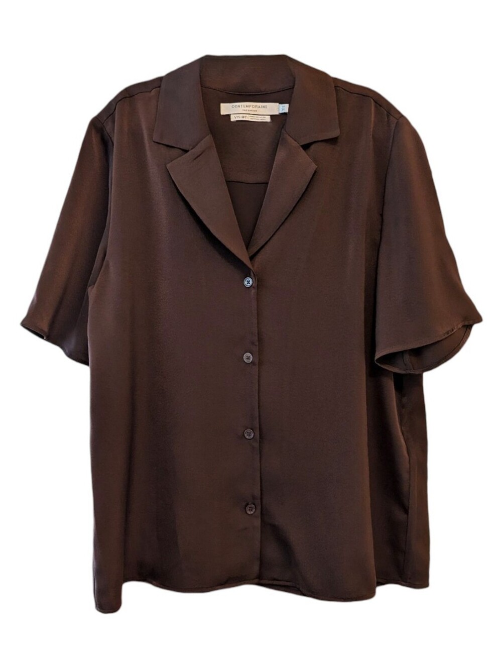 Simons Satiny Notch-Collar Short-Sleeve Shirt - Chocolate Brown, Size XS